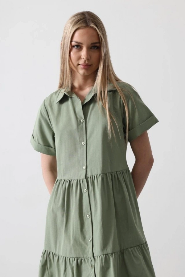 Bidebuvar Kısa Kol Düğmeli Elbise - Haki