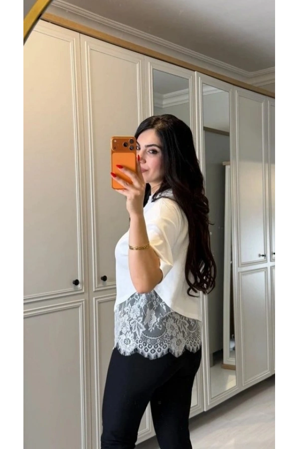 Bidebuvar Kısa Kollu Bısıklet Yakalı Dantel Detaylı Vıskon ıkı ıplık Bluz