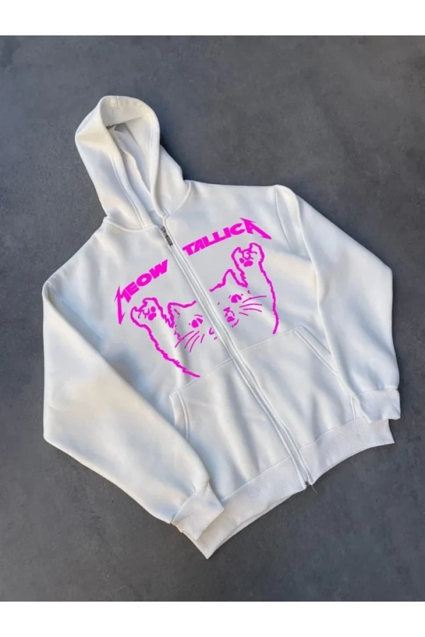 Bidebuvar Kışlık Baskılı Fermuarlı Kapüşonlu Hırka - Beyaz