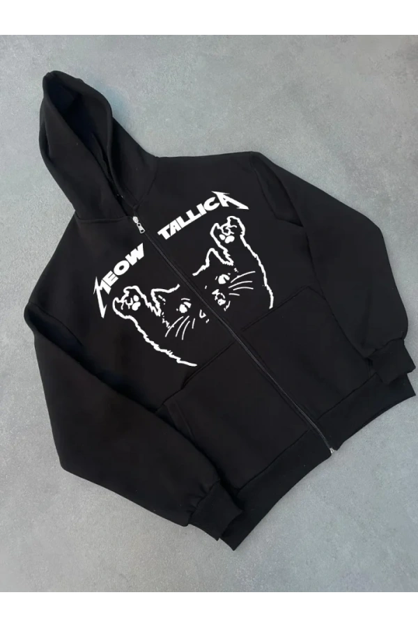 Bidebuvar Kışlık Baskılı Fermuarlı Kapüşonlu Hırka - Siyah