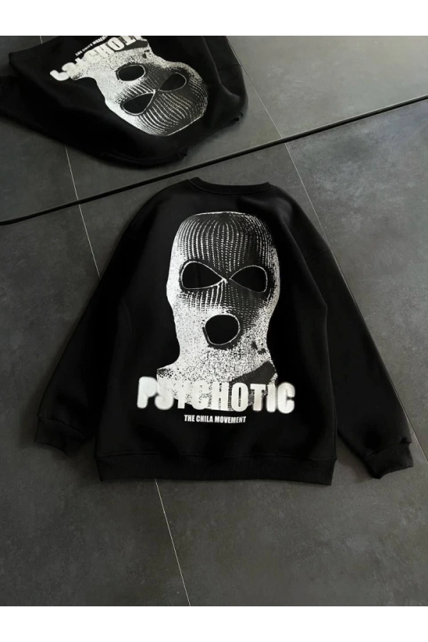 Bidebuvar Kışlık Bisiklet Yaka Baskılı SweatShirt - Siyah