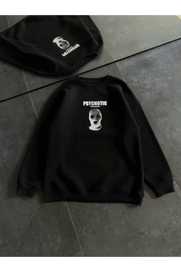 Bidebuvar Kışlık Bisiklet Yaka Baskılı SweatShirt - Siyah