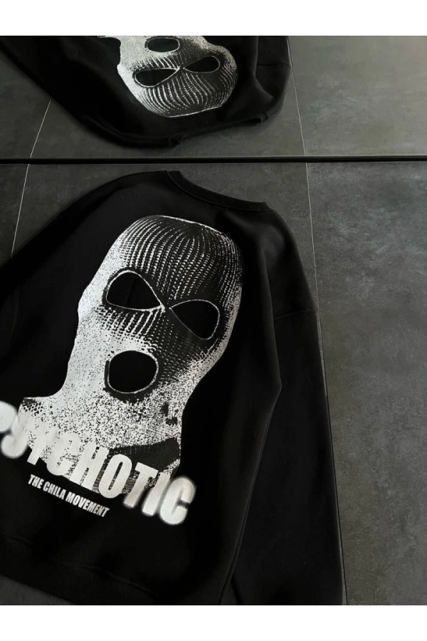 Bidebuvar Kışlık Bisiklet Yaka Baskılı SweatShirt - Siyah