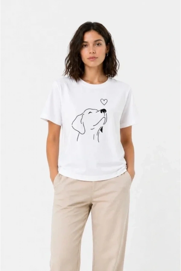 Bidebuvar Köpek Figürlü Minimal Baskılı Tişört Kısa Kol Yazlık T-Shirt - Beyaz