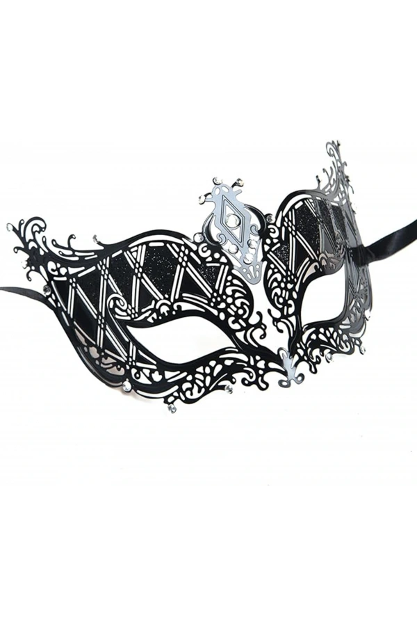 Bidebuvar Kristal Gümüş Taşlı Siyah Lazer Kesim Metal Lüks Maske