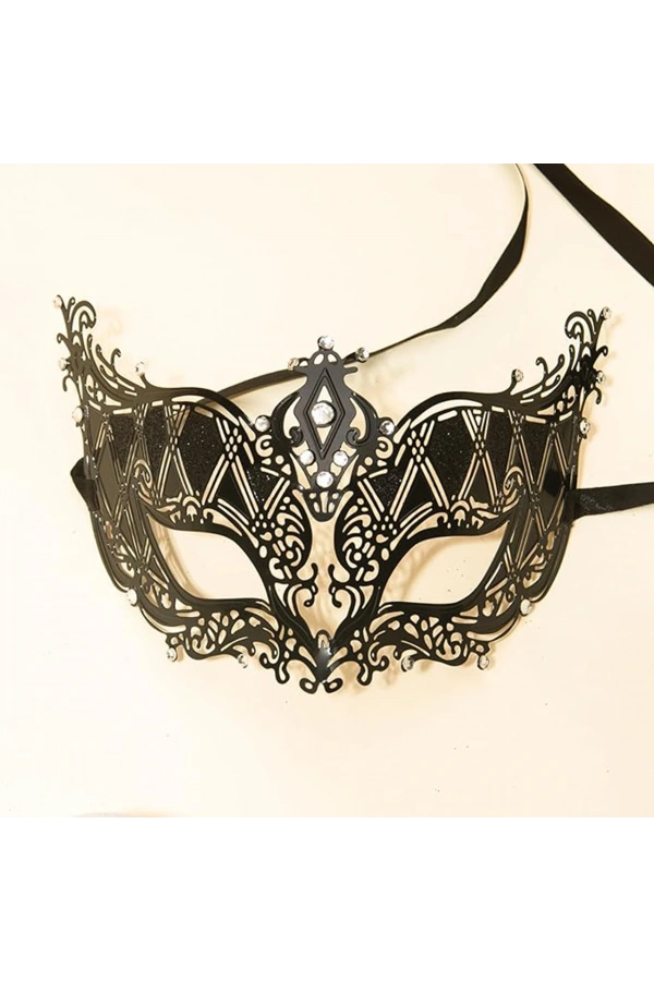 Bidebuvar Kristal Gümüş Taşlı Siyah Lazer Kesim Metal Lüks Maske