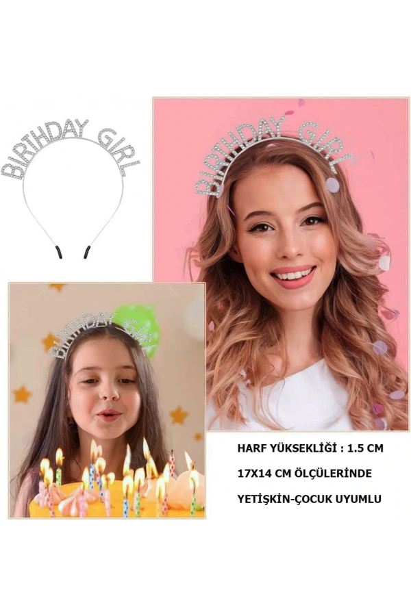 Bidebuvar Kristal Taşlı Gümüş Birthday Girl Parti Tacı