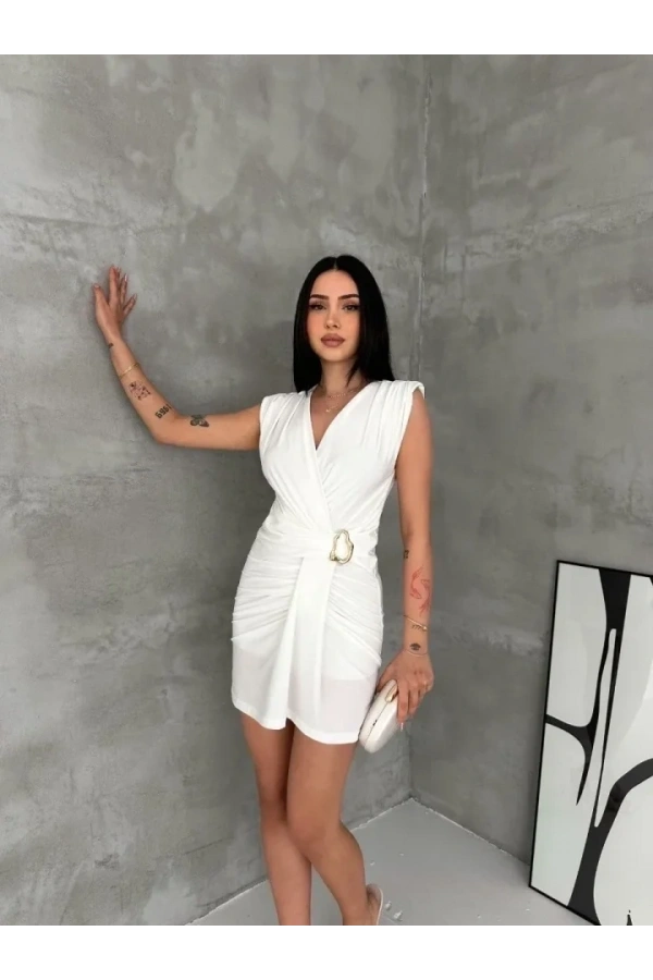 Bidebuvar Kruvaze Drapeli Tokalı Mini Elbise Şık Gece Davet Abiye - Beyaz