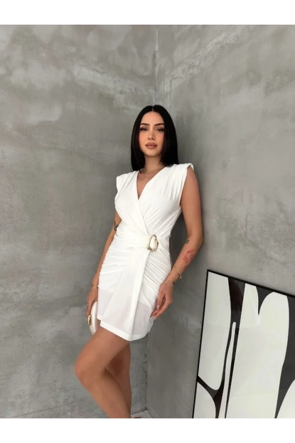 Bidebuvar Kruvaze Drapeli Tokalı Mini Elbise Şık Gece Davet Abiye - Beyaz
