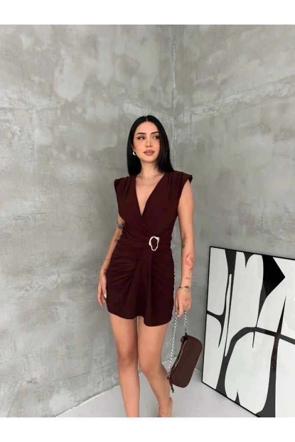 Bidebuvar Kruvaze Drapeli Tokalı Mini Elbise Şık Gece Davet Abiye - Kahverengi