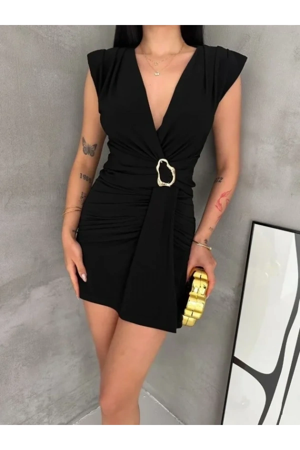 Bidebuvar Kruvaze Drapeli Tokalı Mini Elbise Şık Gece Davet Abiye - Siyah