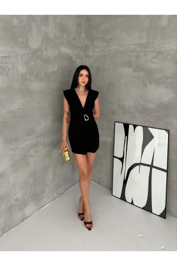 Bidebuvar Kruvaze Drapeli Tokalı Mini Elbise Şık Gece Davet Abiye - Siyah