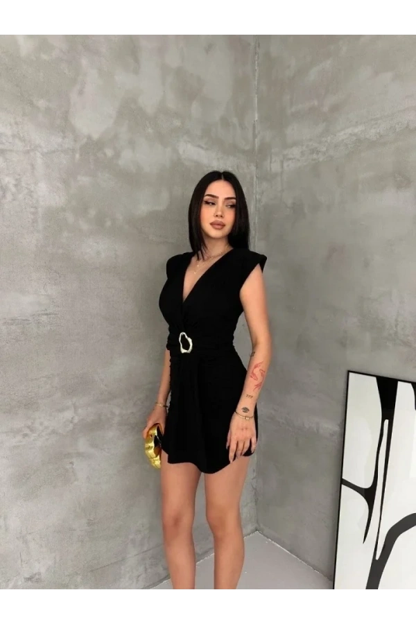 Bidebuvar Kruvaze Drapeli Tokalı Mini Elbise Şık Gece Davet Abiye - Siyah