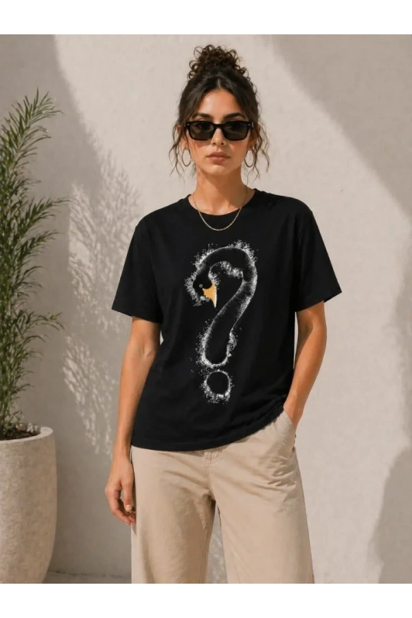 Bidebuvar Kuğu Figürlü Soru İşareti Baskılı Tişört Kısa Kol T-Shirt - Siyah