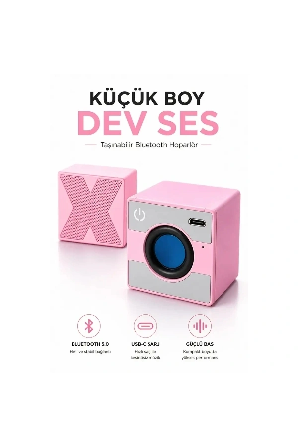 Bidebuvar Mini Taşınabilir Hoparlör - Type C (USB-C) Şarj - Güçlü Bass - Küp Tasarım