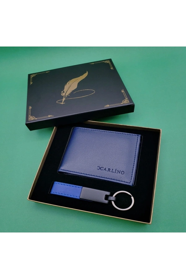 Bidebuvar Kutulu Mavi Deri Cüzdan Ve Anahtarlık Seti