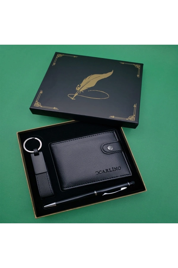 Bidebuvar Kutulu Siyah Tükenmez Kalem, Cüzdan ve Anahtarlık Seti
