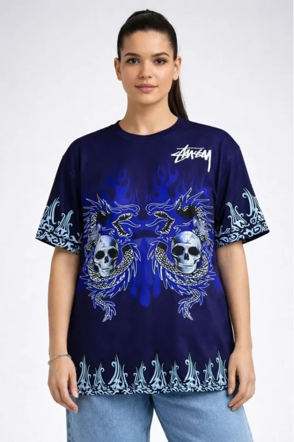 Bidebuvar Lacivert Oversize Tişört Dragon - Kuru Kafa Baskılı Bisiklet Yaka T-Shirt - Lacivert