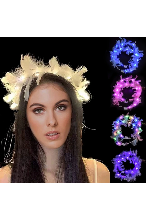 Bidebuvar Led Işıklı RGB 3 Fonksiyonlu Otrişli Parti Tacı Beyaz Renk