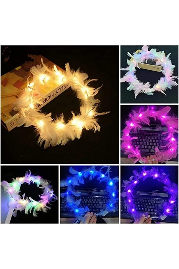 Bidebuvar Led Işıklı RGB 3 Fonksiyonlu Otrişli Parti Tacı Beyaz Renk