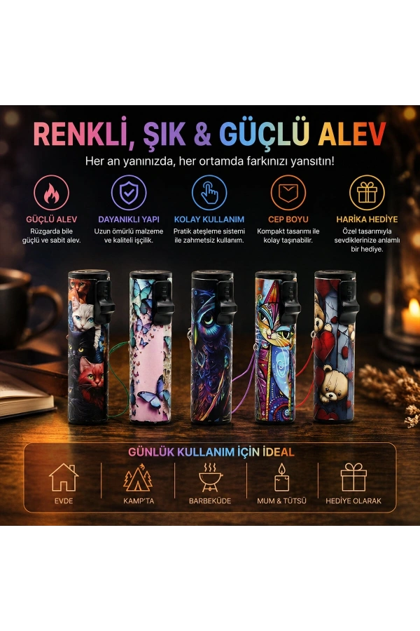 Bidebuvar LED Işıklı Rüzgar Çakmağı - Karışık Desenli - İpli