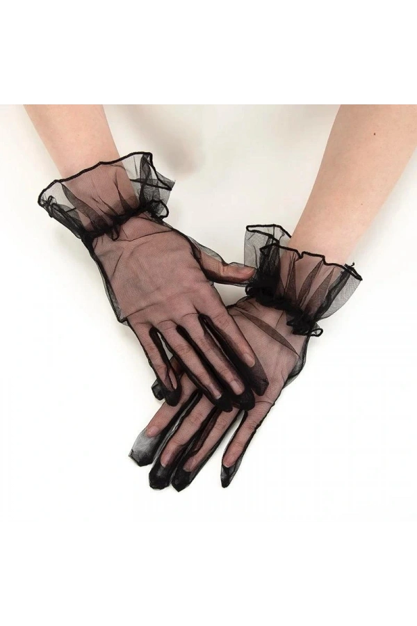 Bidebuvar Likralı Güpürlü Yetişkin Tül Eldiven Siyah