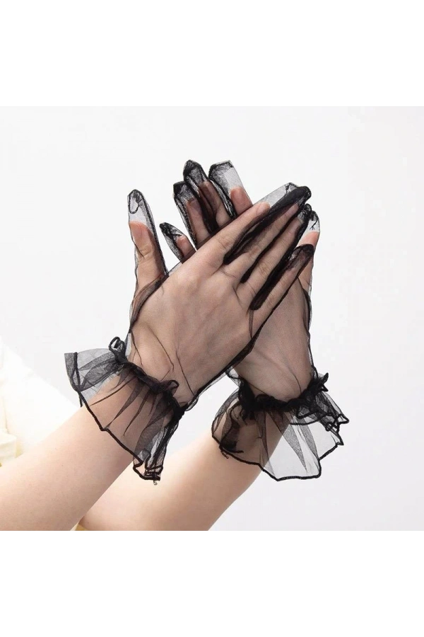 Bidebuvar Likralı Güpürlü Yetişkin Tül Eldiven Siyah