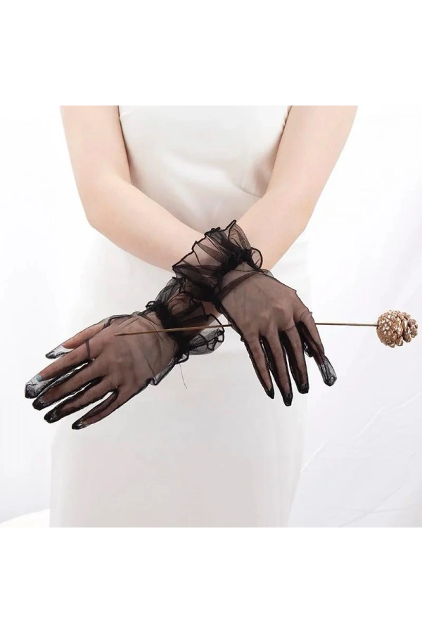 Bidebuvar Likralı Güpürlü Yetişkin Tül Eldiven Siyah