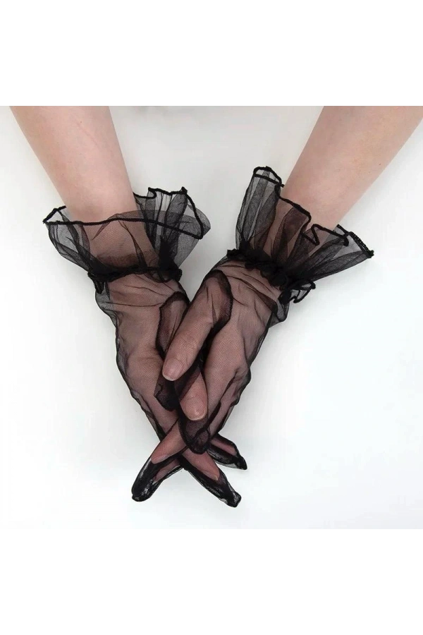 Bidebuvar Likralı Güpürlü Yetişkin Tül Eldiven Siyah