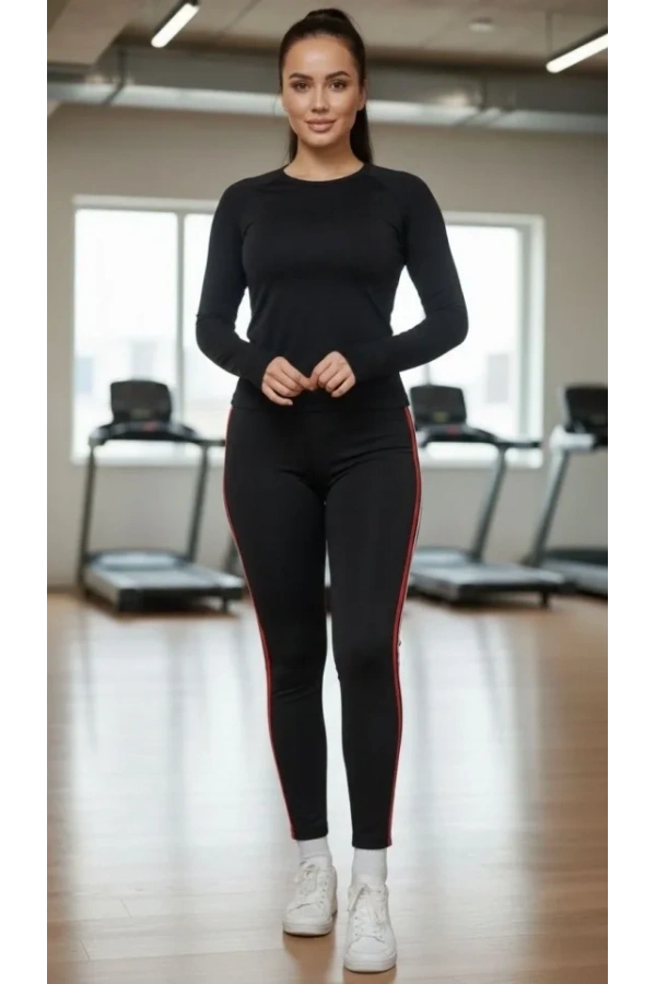 Bidebuvar Likralı Penye Yanı Kırmızı Beyaz Şeritli Dar Kalıp Spor Tayt - Siyah - Siyah