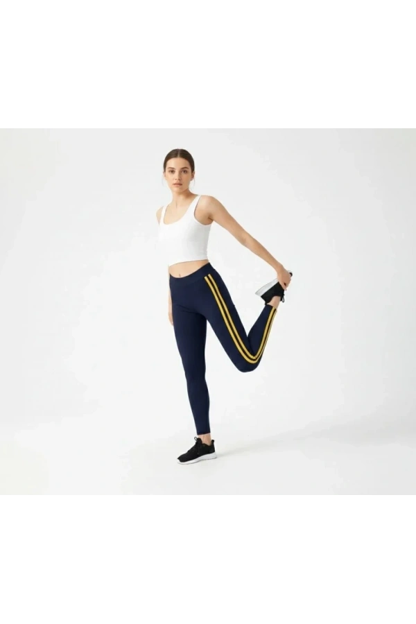 Bidebuvar Likralı Yan Sarı Şeritli Detaylı Tayt - Siyah