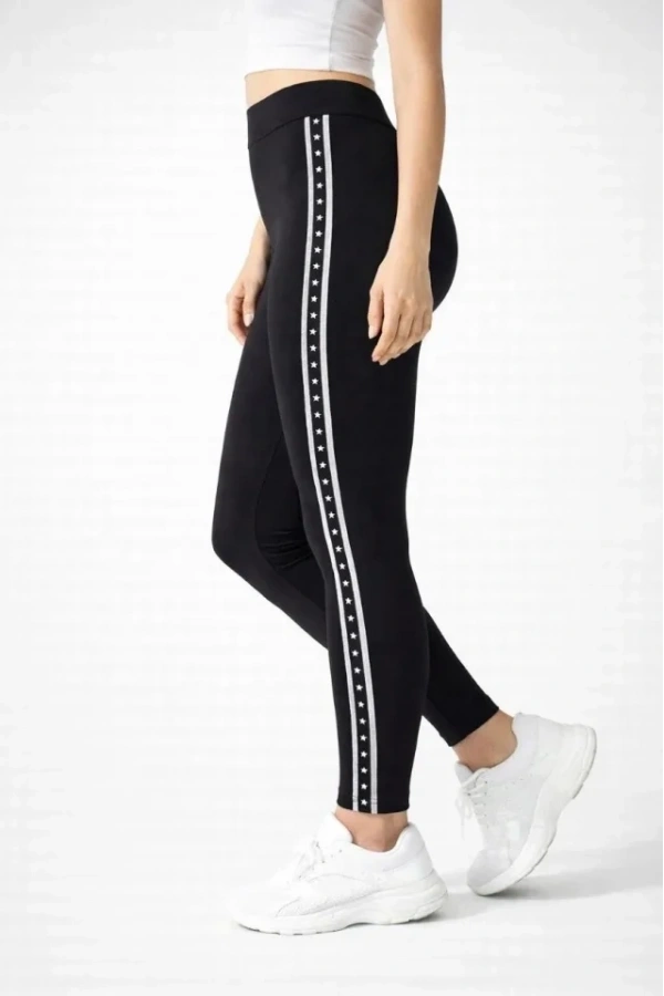 Bidebuvar Likralı Yan Yıldız Şeritli Detaylı Tayt - Siyah