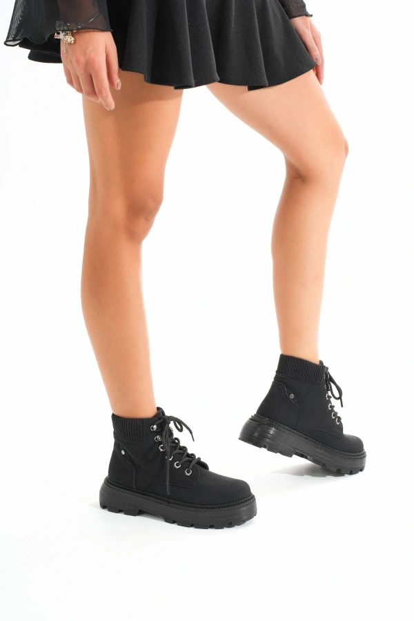 Bidebuvar LMÇ-2045 Kömür Siyahı Bağcıklı Kalın Taban Kadın Günlük Bot