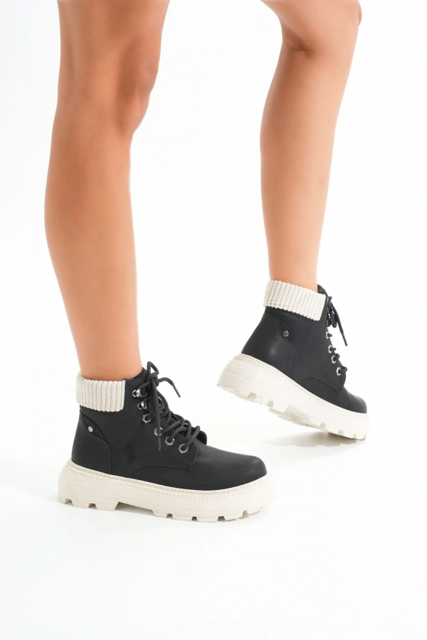 Bidebuvar LMÇ-2045 Siyah-Bej Taban Bağcıklı Kalın Taban Kadın Günlük Bot