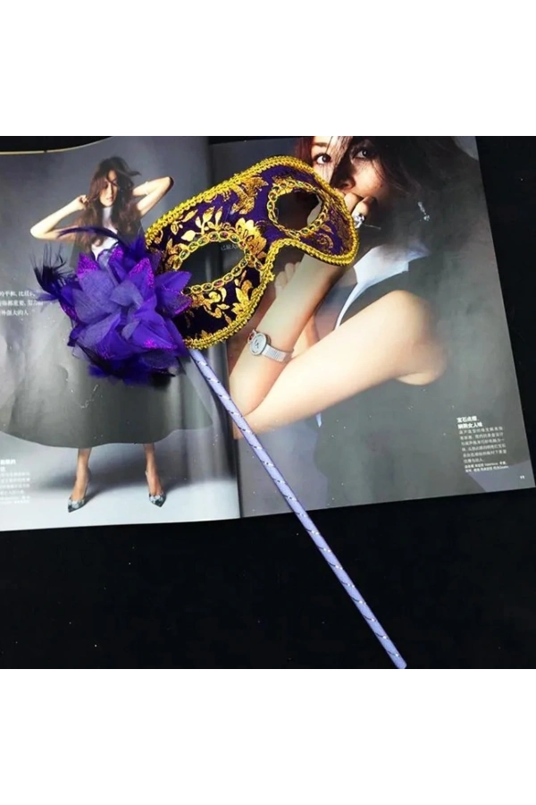 Bidebuvar Lüks Taşlı Saplı Balo Maskesi Mor Renk