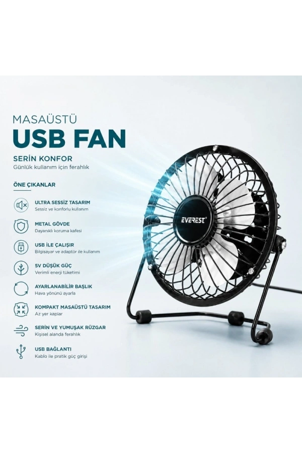 Bidebuvar Masaüstü Mini USB Fan - Metal Gövdeli - Ultra Sessiz