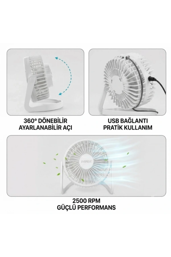 Bidebuvar Masaüstü Mini USB Fan - PVC Gövdeli - 360° Ayarlanabilir