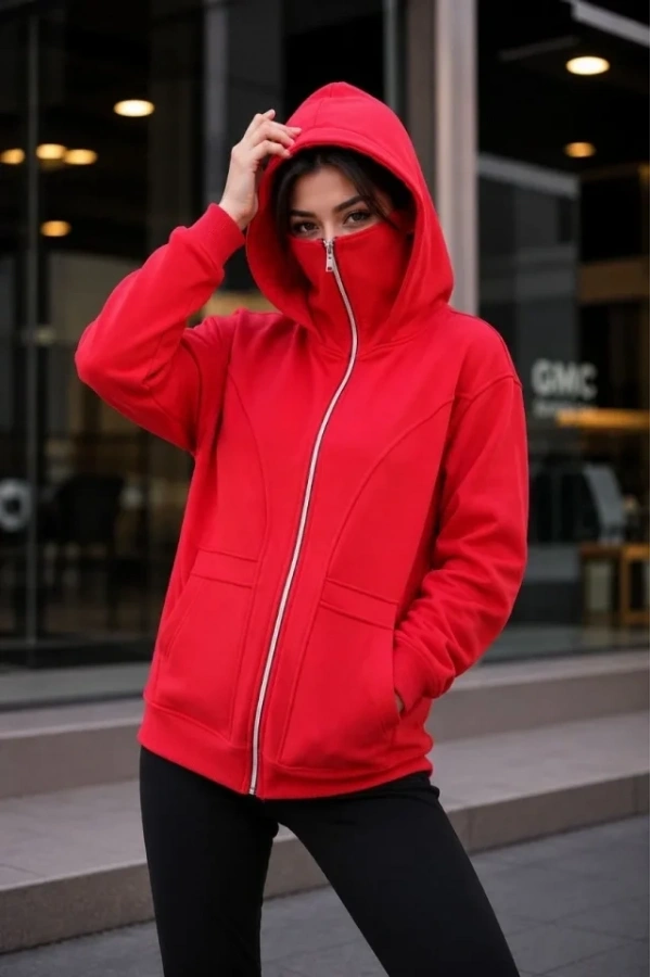 Bidebuvar Maskeli Ninja Model Çift Kapüşonlu 3 İplik Şardonlu Fermuarlı Oversize Sweatshirt - Kırmızı