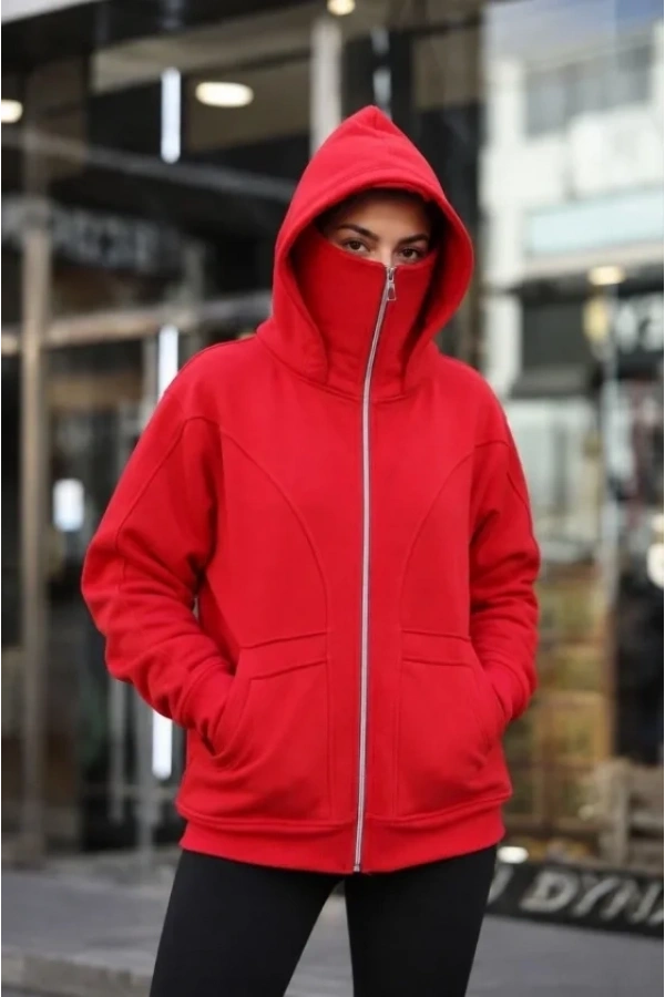 Bidebuvar Maskeli Ninja Model Çift Kapüşonlu 3 İplik Şardonlu Fermuarlı Oversize Sweatshirt - Kırmızı
