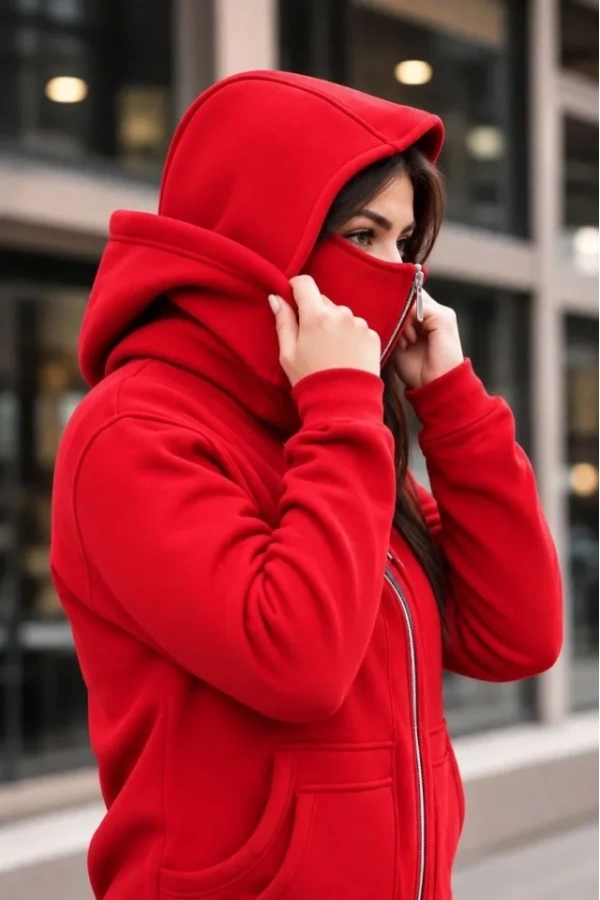 Bidebuvar Maskeli Ninja Model Çift Kapüşonlu 3 İplik Şardonlu Fermuarlı Oversize Sweatshirt - Kırmızı