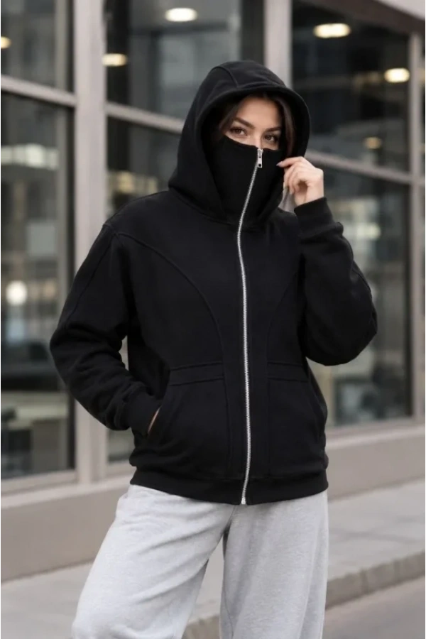 Bidebuvar Maskeli Ninja Model Çift Kapüşonlu 3 İplik Şardonlu Fermuarlı Oversize Sweatshirt - Siyah