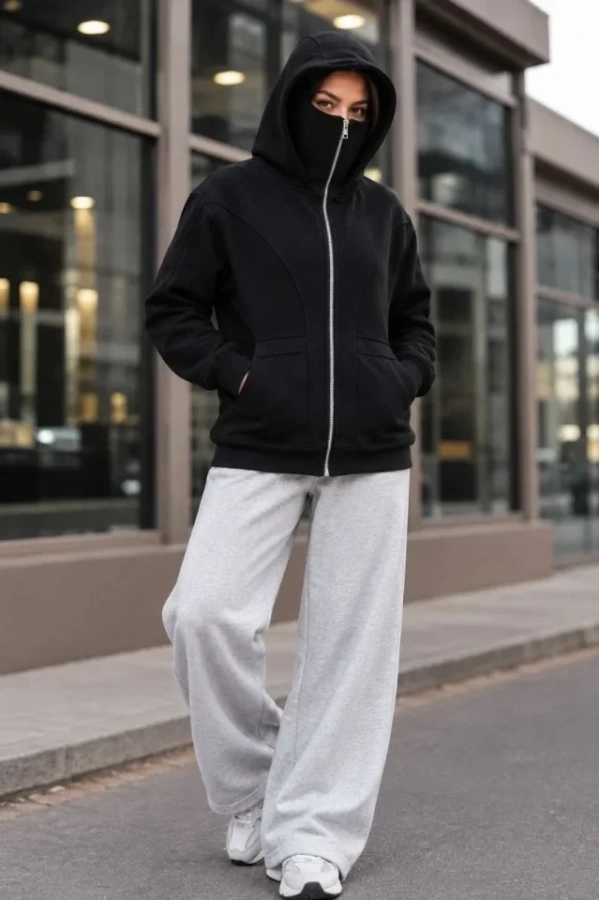 Bidebuvar Maskeli Ninja Model Çift Kapüşonlu 3 İplik Şardonlu Fermuarlı Oversize Sweatshirt - Siyah