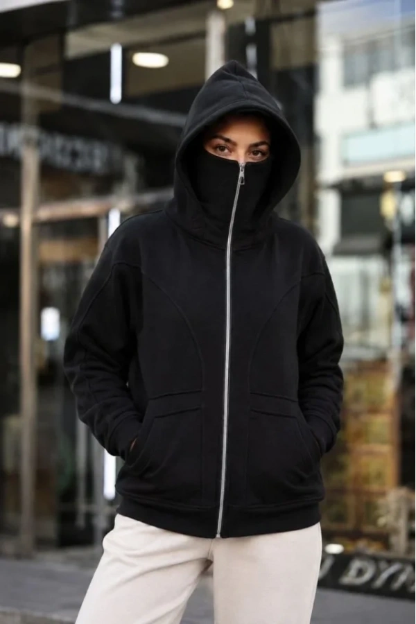 Bidebuvar Maskeli Ninja Model Çift Kapüşonlu 3 İplik Şardonlu Fermuarlı Oversize Sweatshirt - Siyah
