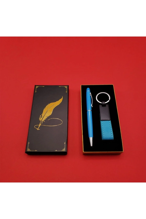 Bidebuvar Mavi Metal Deri Anahtarlık ve Kalem Seti