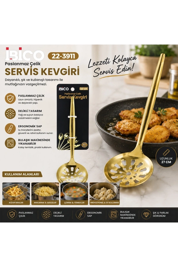 Bidebuvar Metal Servis Kevgiri - 27 cm - Gold Renk