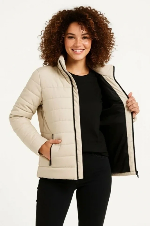 Bidebuvar Mikro Su İtici Kapitone Baskılı Astarlı Fermuarlı Bomber Mont - Bej