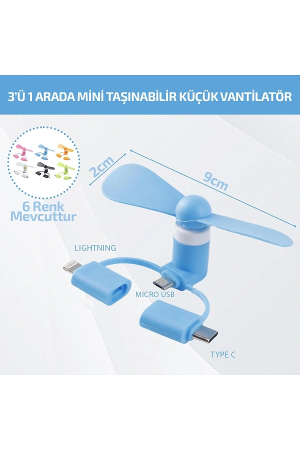 Bidebuvar Mini Telefon Fanı - Lightning - Type-C - Micro USB Girişli - Sessiz