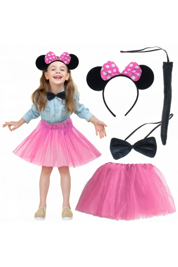 Bidebuvar Minnie Kostüm Seti (Pembe Tütü Etek + Pembe Taç + Papyon + Kuyruk)