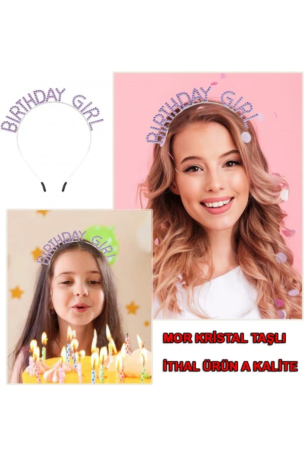 Bidebuvar Mor Renk Kristal Taşlı Parlak Birthday Girl Yazılı Taç