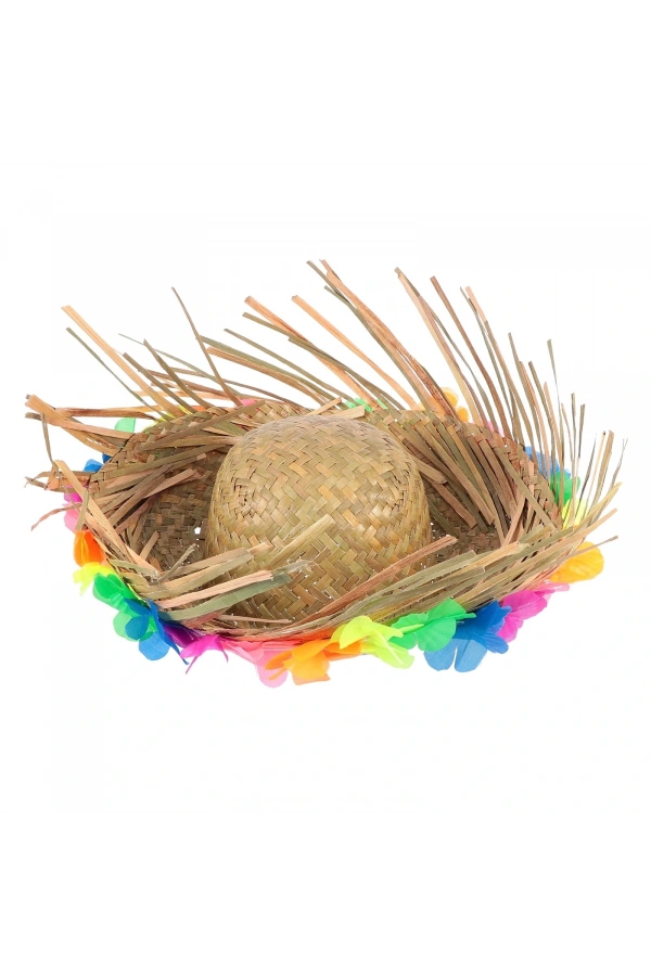 Bidebuvar Natural Renkli Püsküllü Örme Hasır Hawaii Şapka